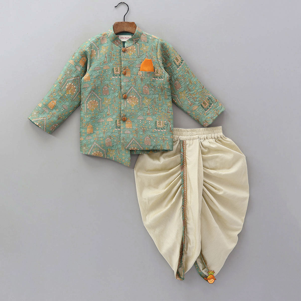 Pre Order: Asymmetric Brocade Sherwani And Dhoti