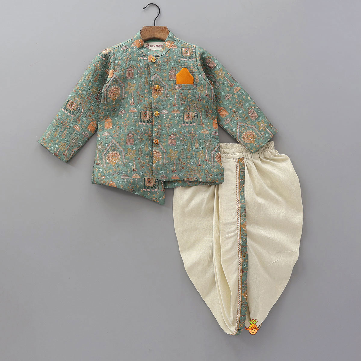 Pre Order: Asymmetric Brocade Sherwani And Dhoti