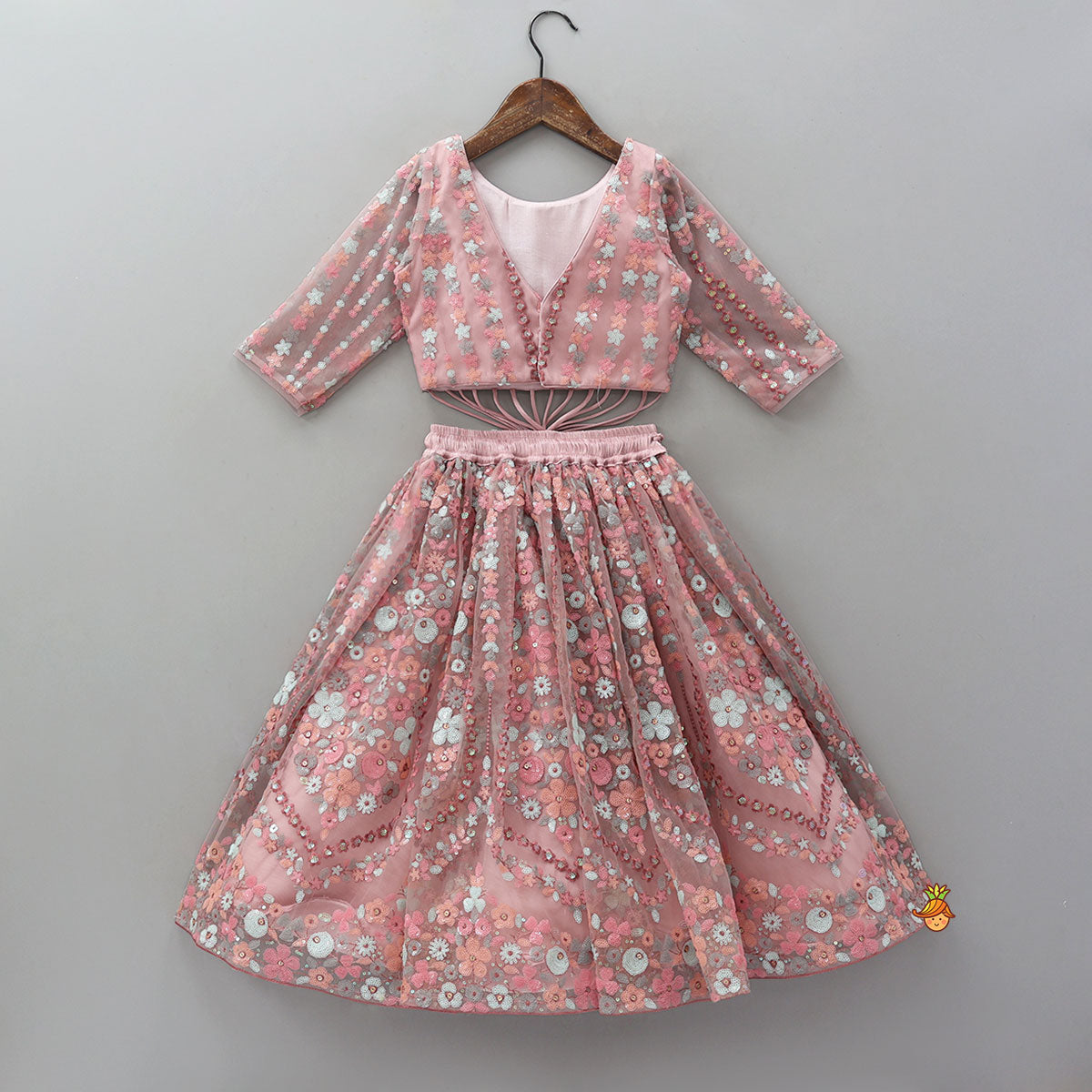 Pre Order: Sequined Crop Top And Lehenga With Net Dupatta