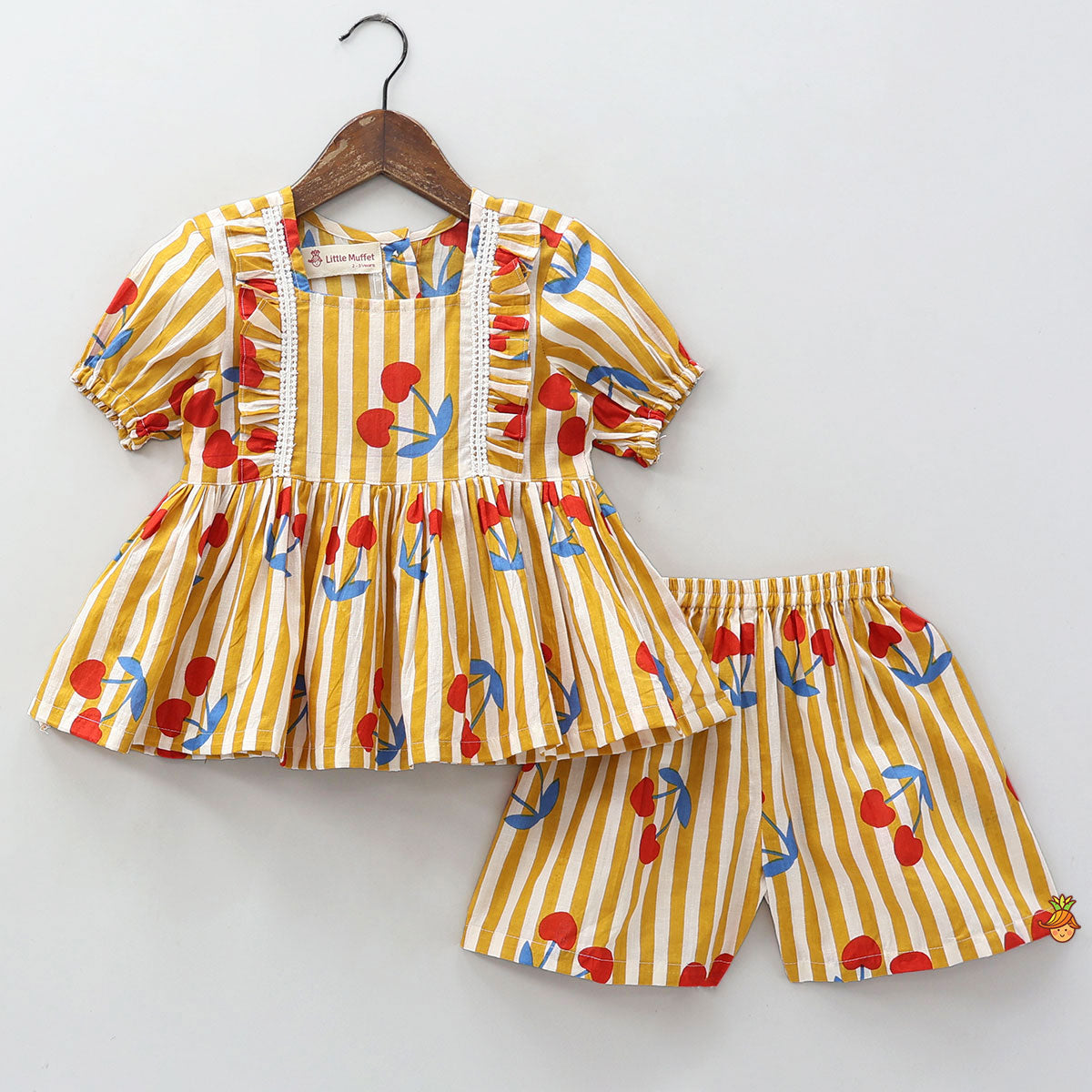 Pre Order: Vertical Striped Frilly Top And Shorts