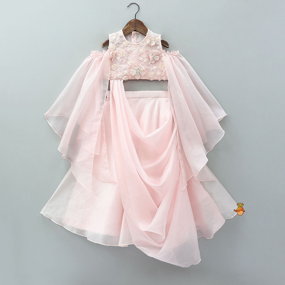 Pre Order: Cape Sleeves Crop Top With Attached Lehenga