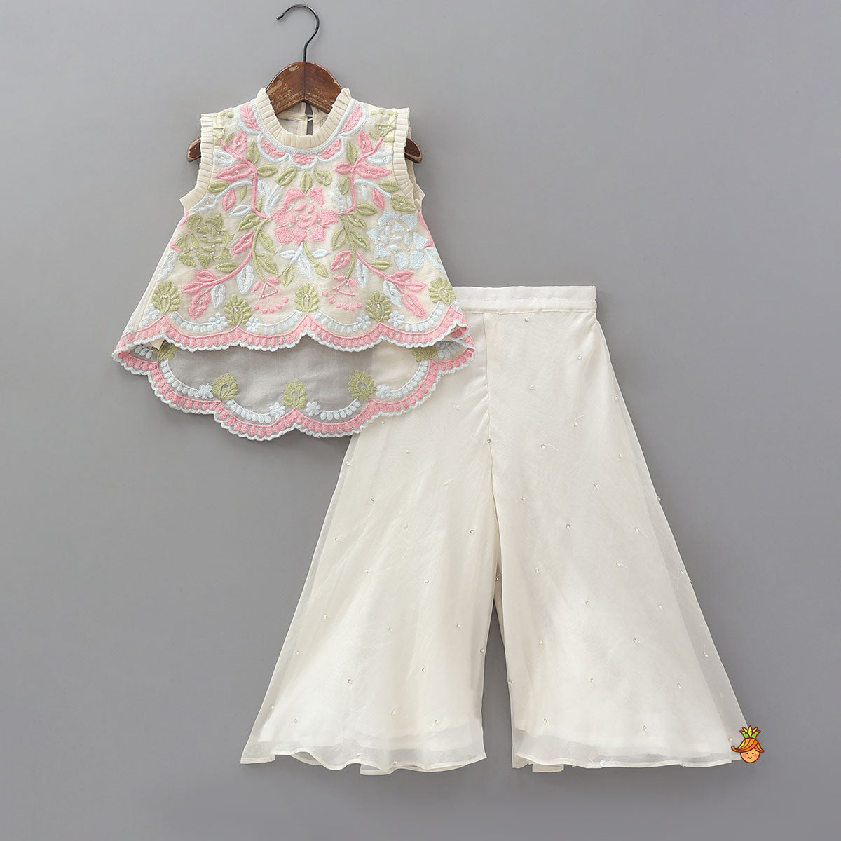 Pre Order: Stylish High-Low Embroidered Top And Palazzo