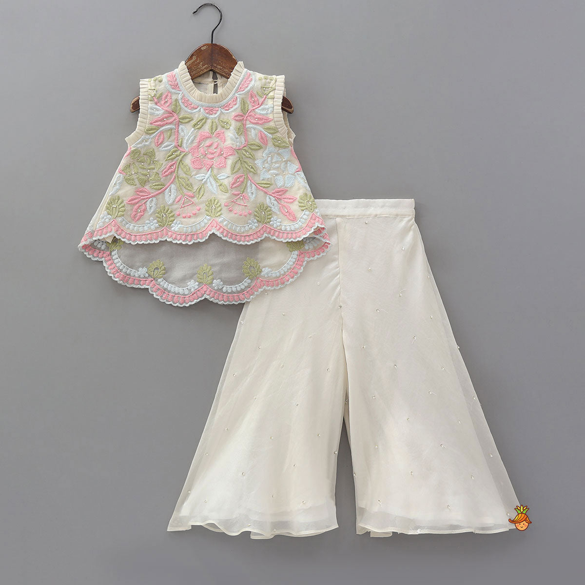 Pre Order: Stylish High-Low Embroidered Top And Palazzo