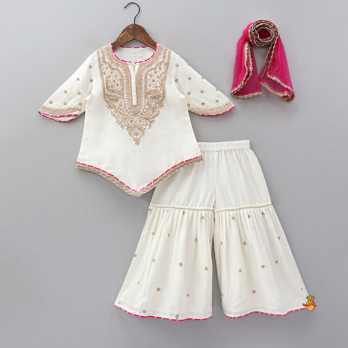 Pre Order: Stylish Sleeves Embroidered Kurti And Sharara With Contrasting Dupatta