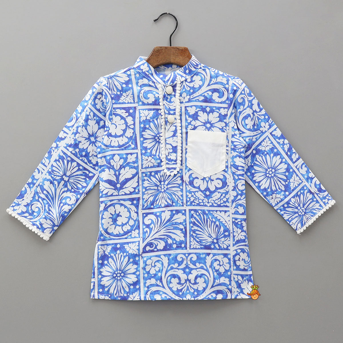 Pom-Pom Lace Work Printed Kurta And Pyjama