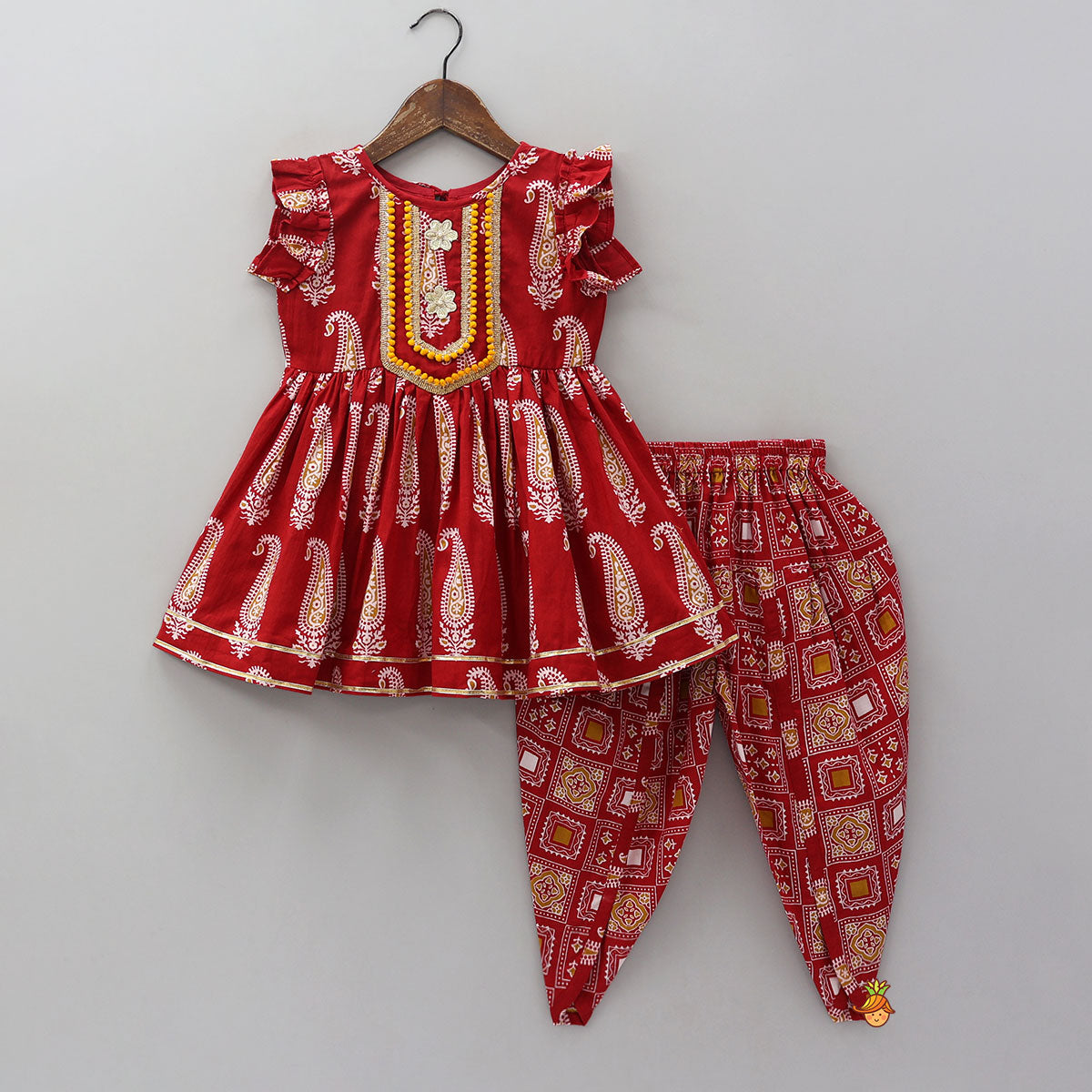 Frilled Sleeves Printed Kurti And Dhoti With Matching Dupatta
