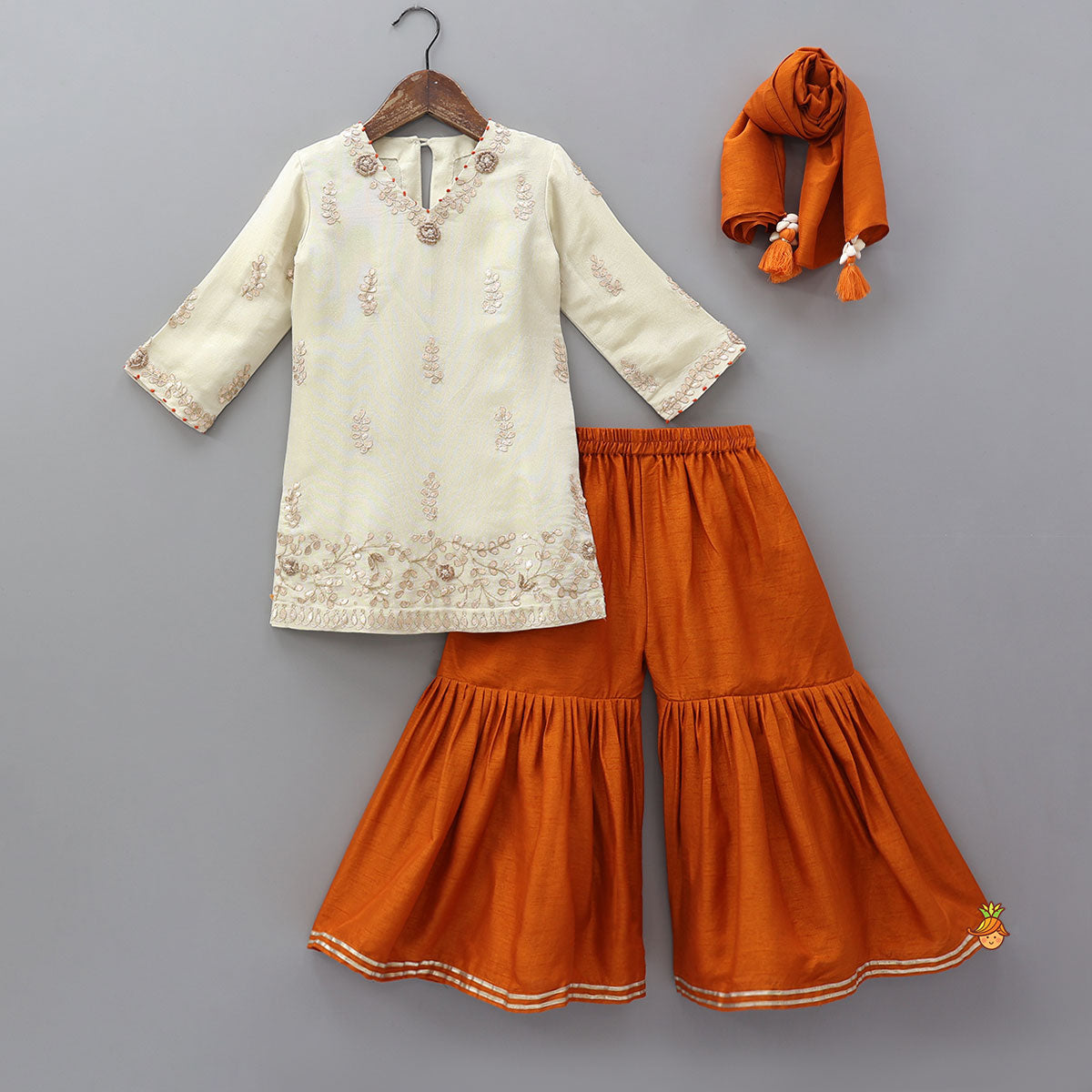 Pre Order: Gota Work Shimmery Kurti And Sharara With Fringes Detailed Dupatta
