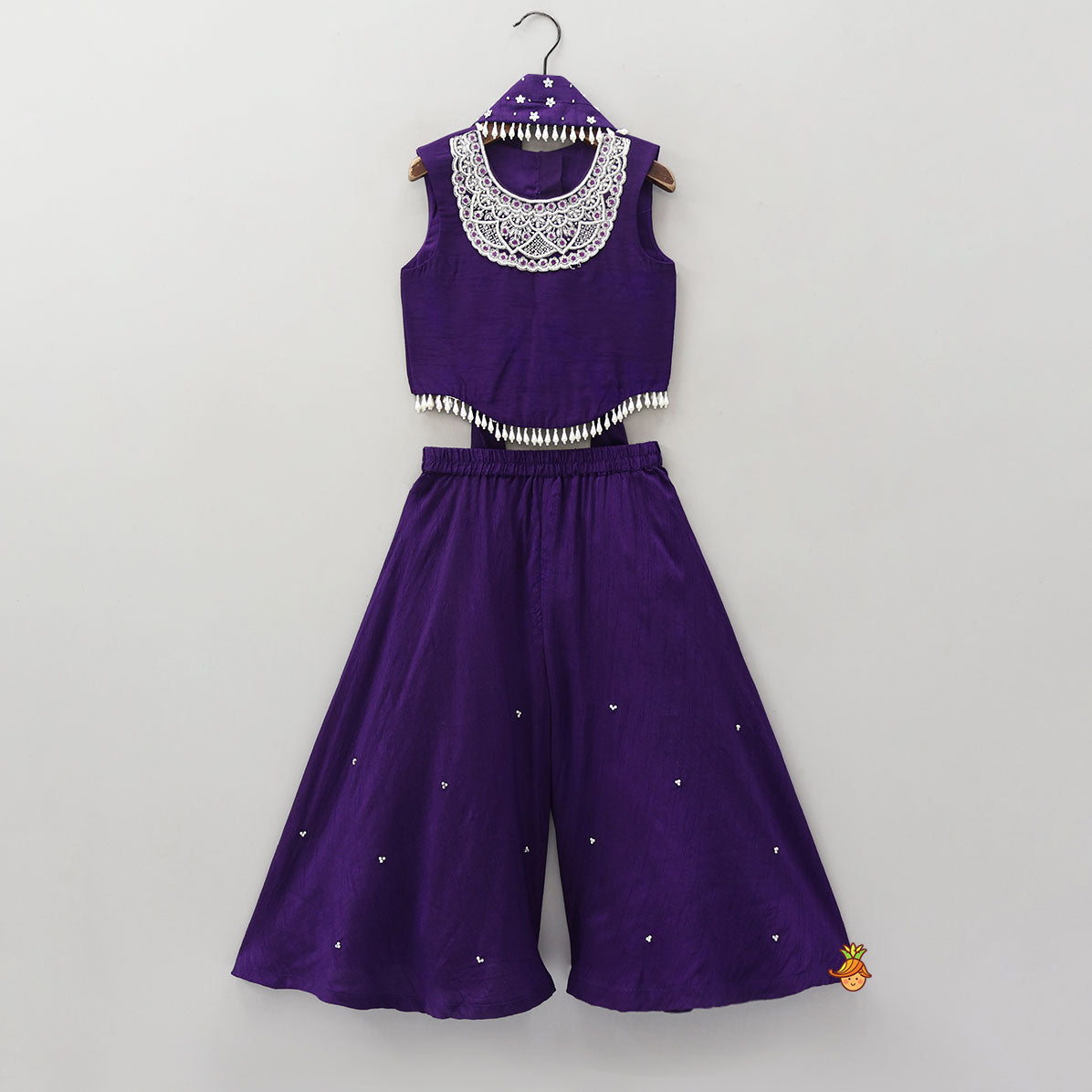 Pre Order: Embroidered Neckline Top And Palazzo With Organza Dupatta