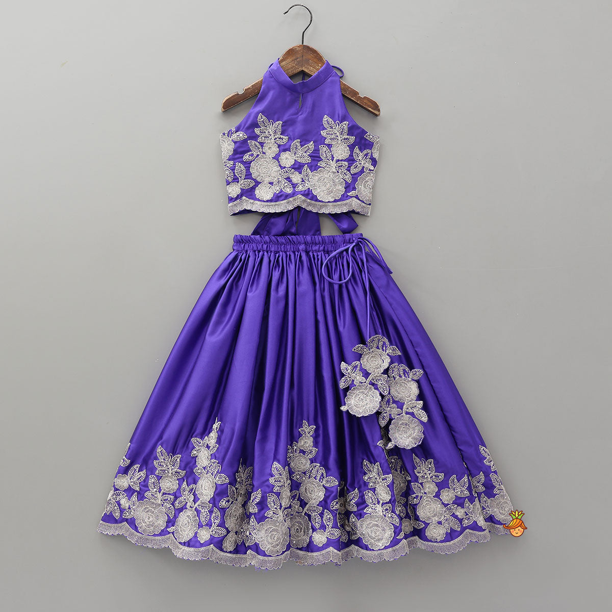 Halter Neck Floral Embroidered Crop Top With Embroidered Lehenga