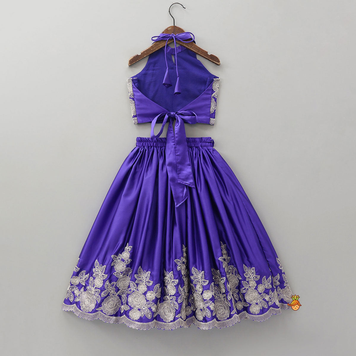 Halter Neck Floral Embroidered Crop Top With Embroidered Lehenga