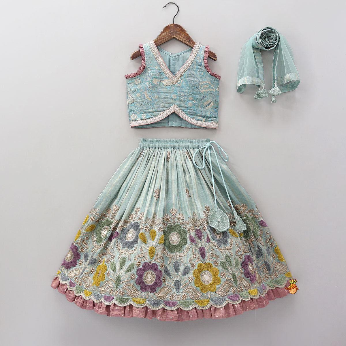 Pre Order: Gorgeous V Neck Top And Shimmery Lehenga With Matching Net Dupatta