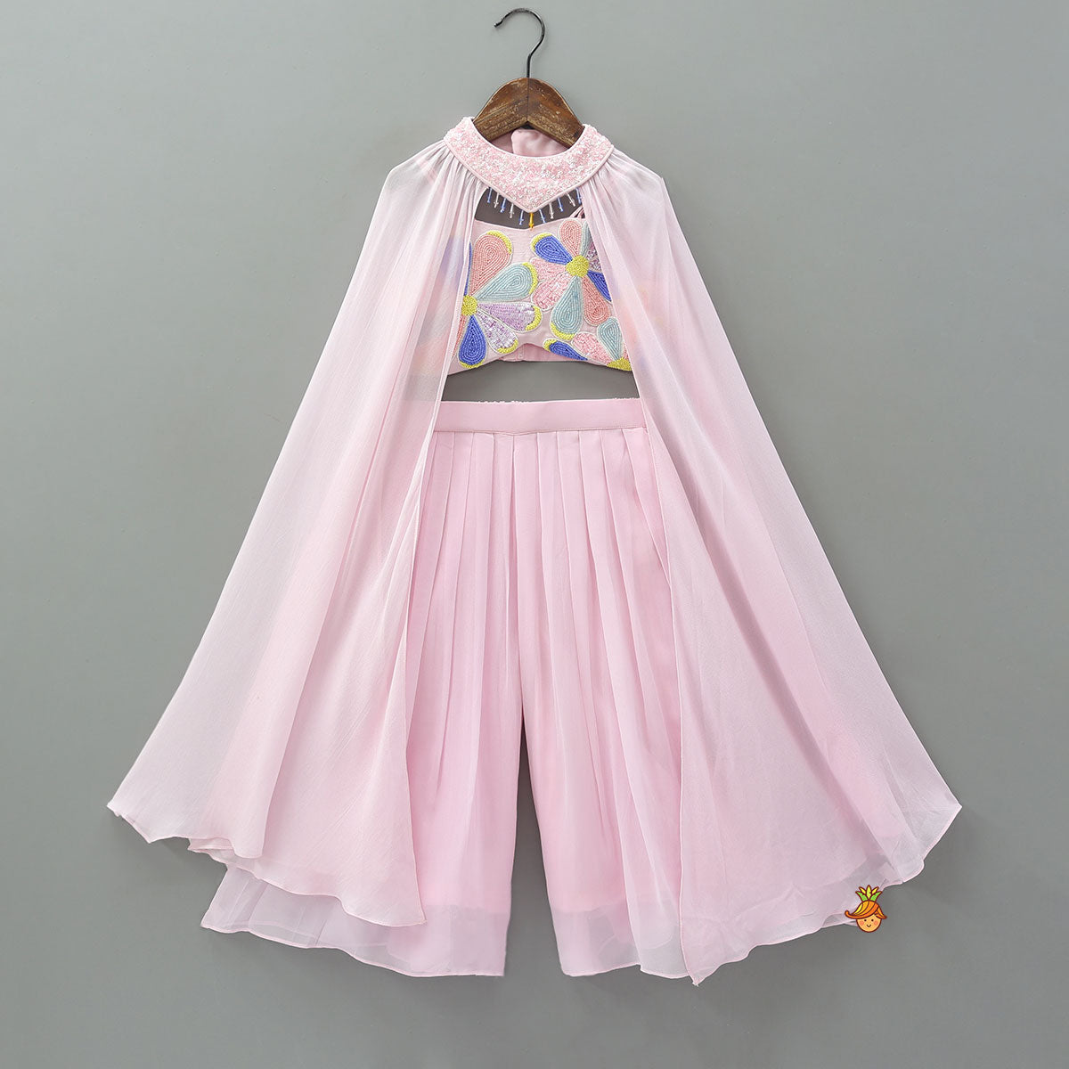 Pre Order: Embroidered Cape-Style Crop Top And Flared Palazzo