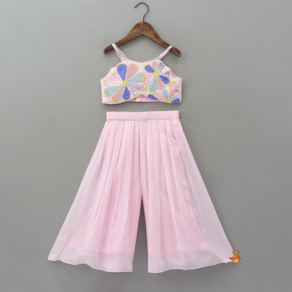 Pre Order: Embroidered Cape-Style Crop Top And Flared Palazzo