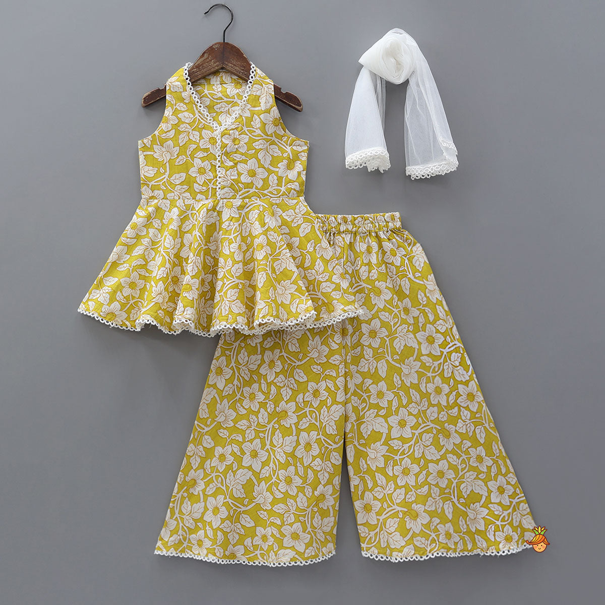 Pre Order: Sleeveless Printed Cotton Kurti And Flared Palazzo With Net Dupatta