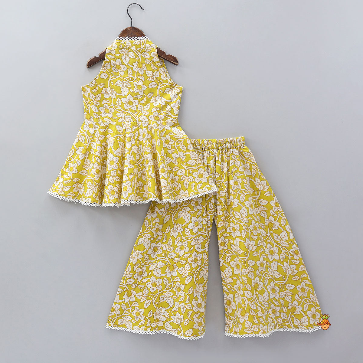 Pre Order: Sleeveless Printed Cotton Kurti And Flared Palazzo With Net Dupatta