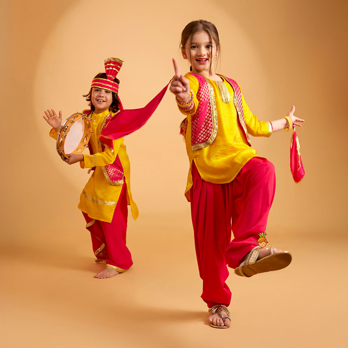 Shimmery Festive Kurti With Salwar And Dupatta With Hand Accessory twinning model image 4