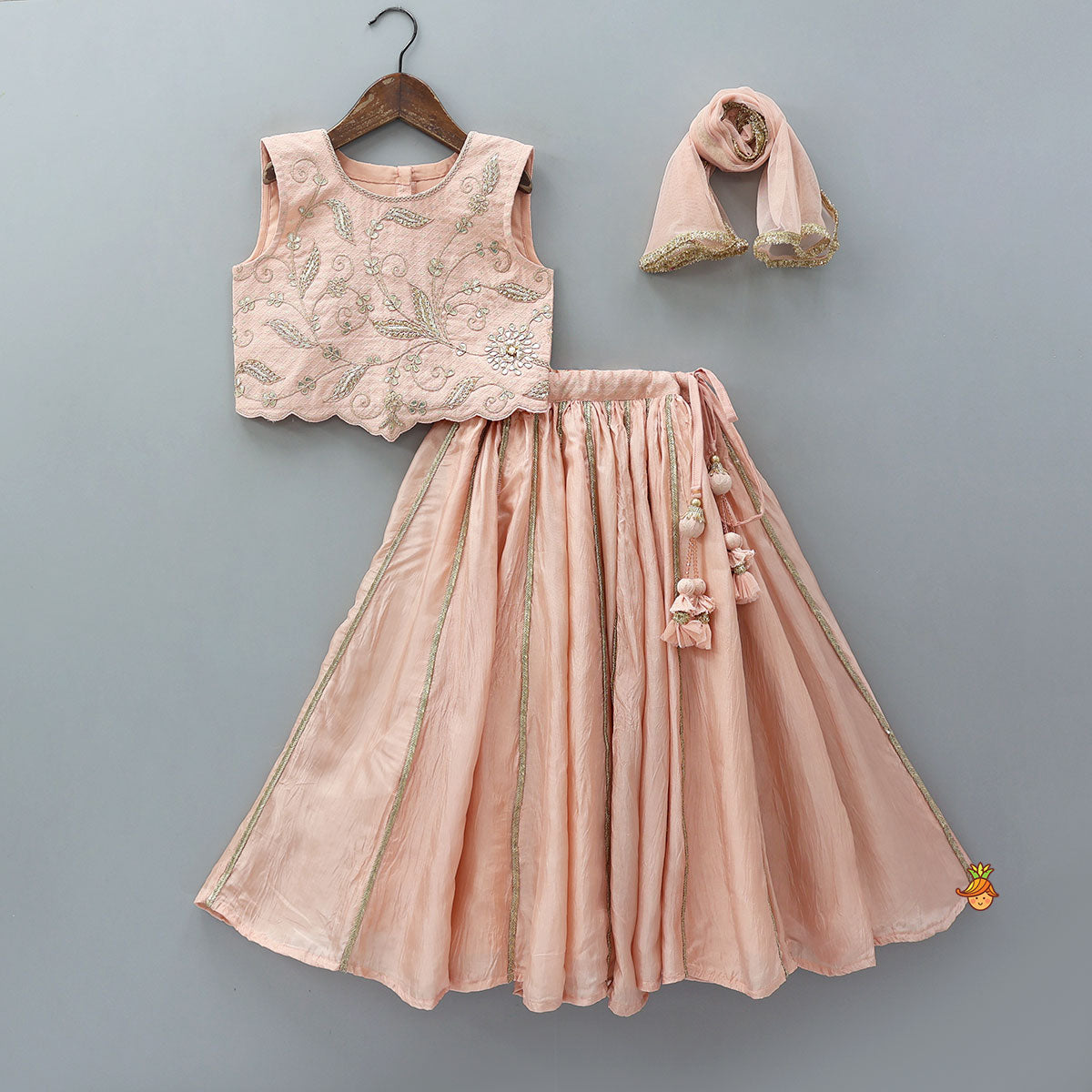 Pre Order: Gota Work Sleeveless Top With Flared Lehenga And Net Dupatta