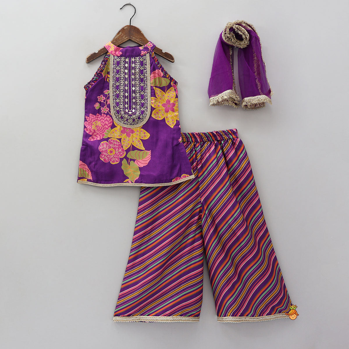 Pre Order: Yoke Embroidered Sleeveless Kurti And Striped Palazzo With Net Dupatta