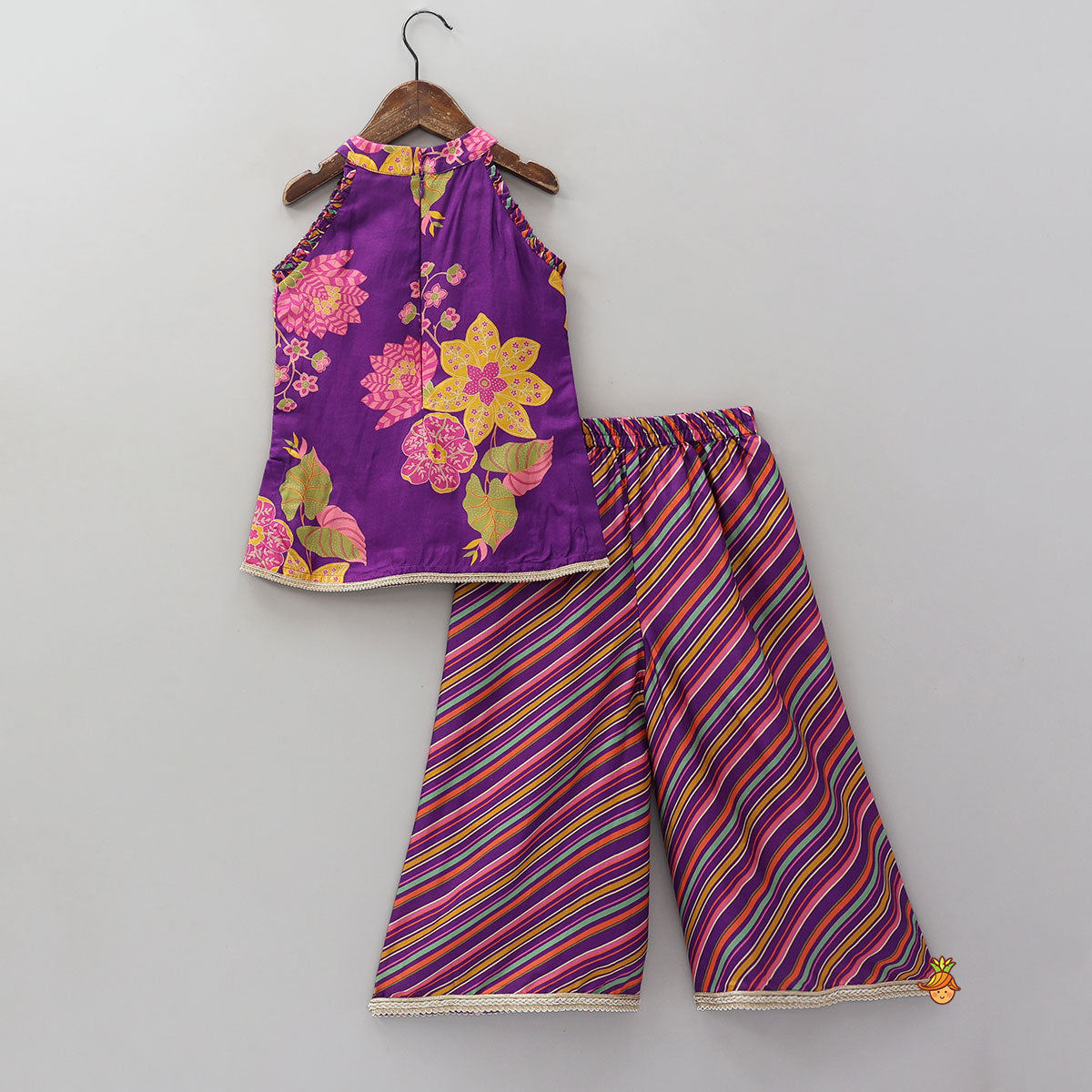 Pre Order: Yoke Embroidered Sleeveless Kurti And Striped Palazzo With Net Dupatta