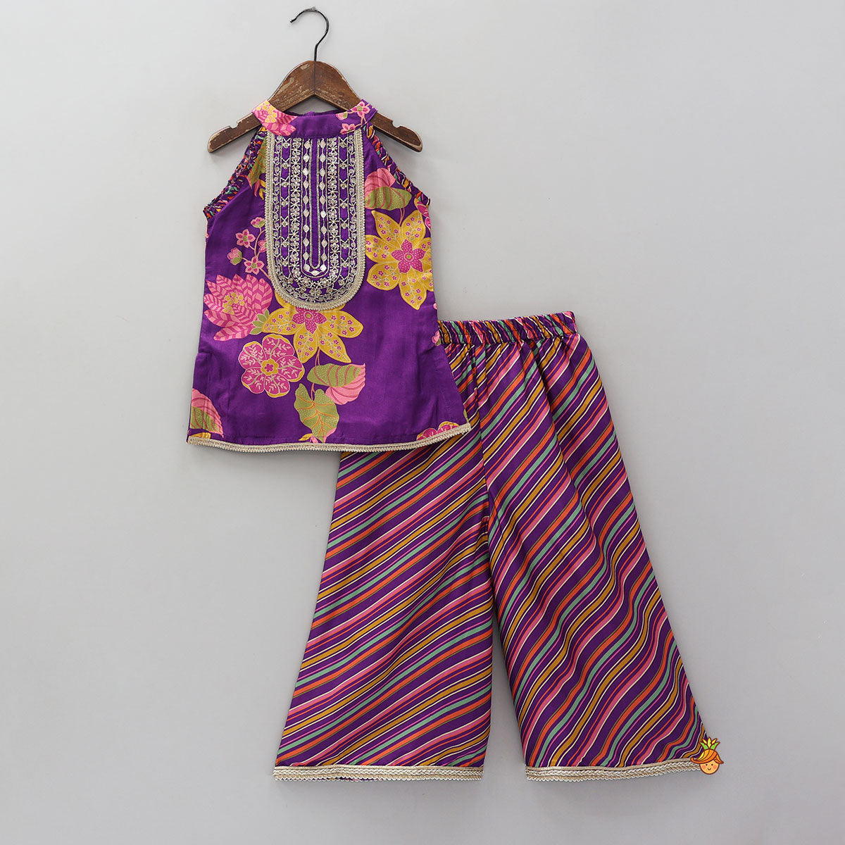 Pre Order: Yoke Embroidered Sleeveless Kurti And Striped Palazzo With Net Dupatta