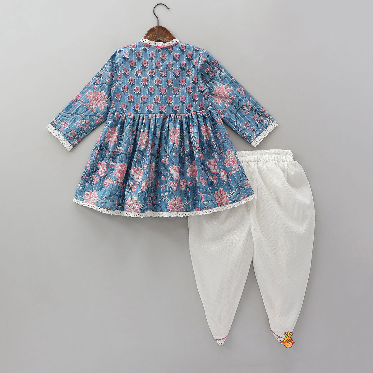 Pre Order: Lurex Striped Hand Block Printed Angarkha Kurti And Dhoti