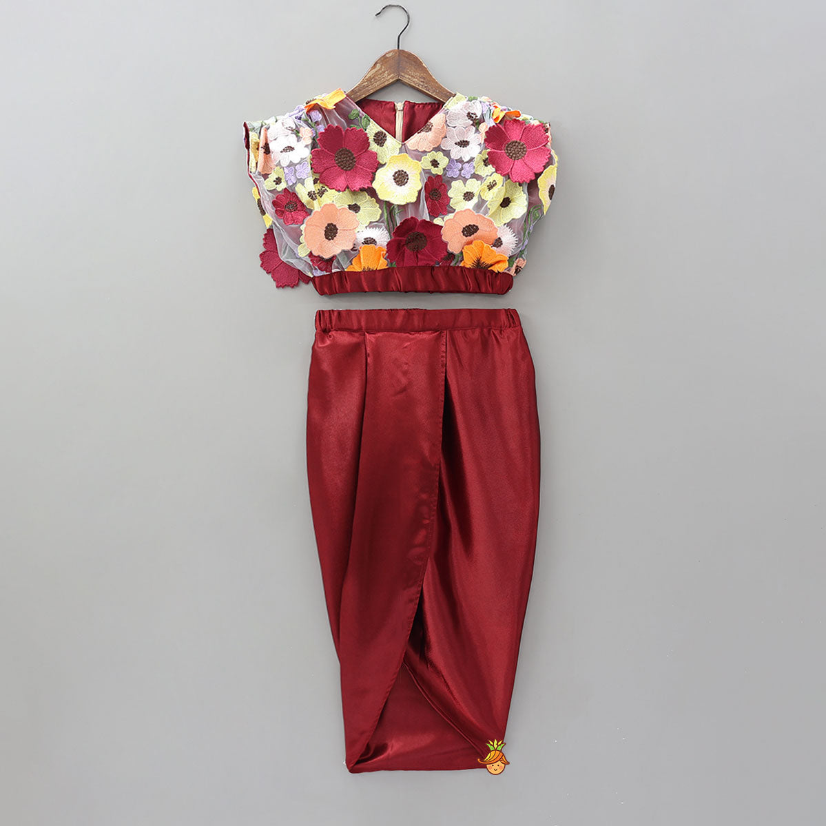 Pre Order: 3D Flowers Embellished Elasticated Top And Dhoti Style Skirt