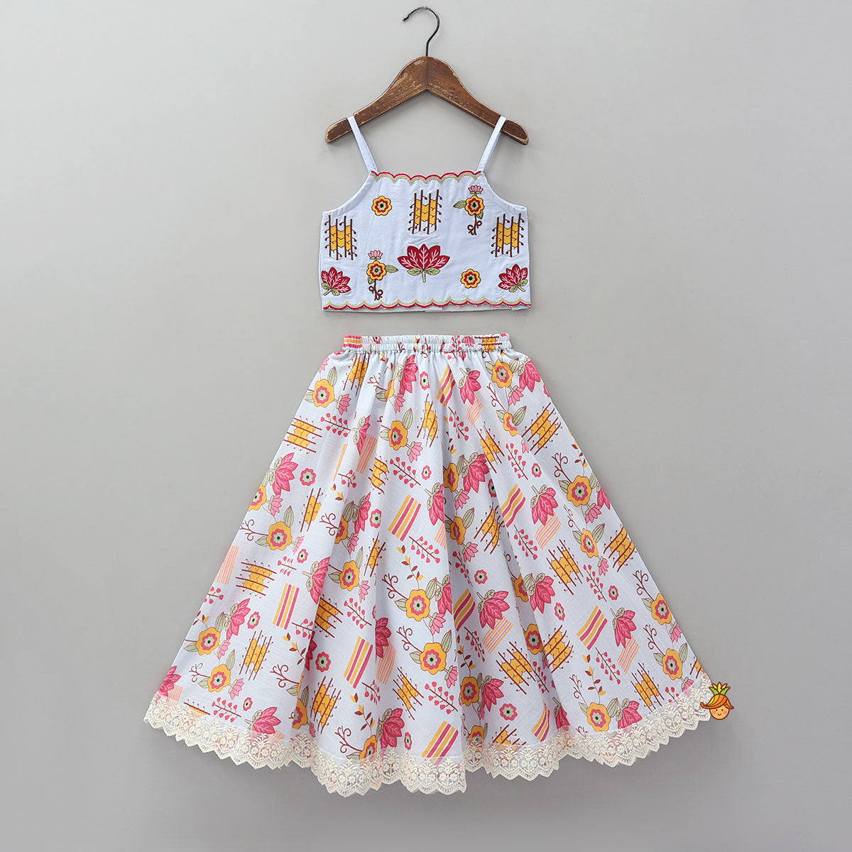 Pre Order: Embroidered Strappy Crop Top And Matching Lehenga