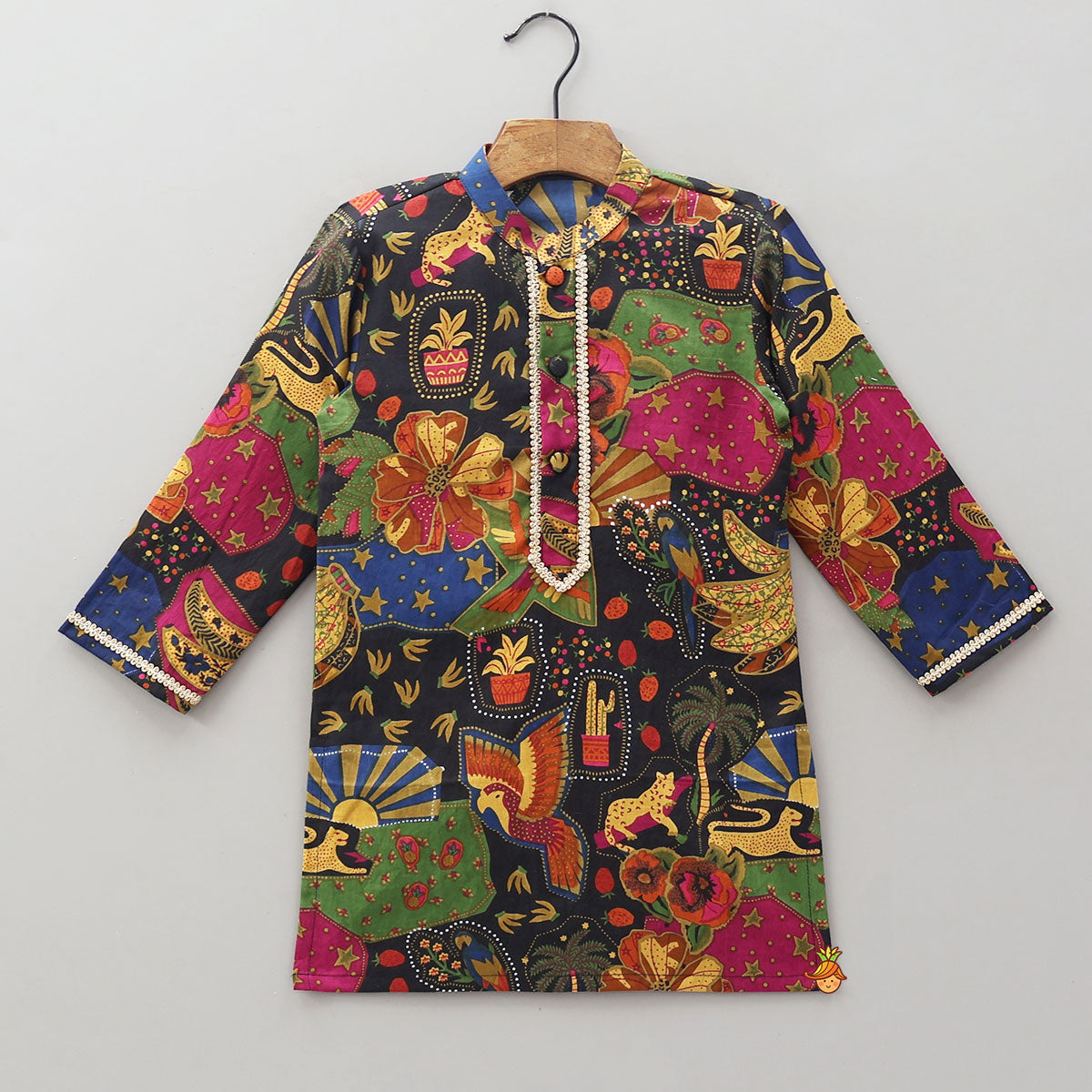 Pre Order: Lace Work Printed Kurta With Pyjama