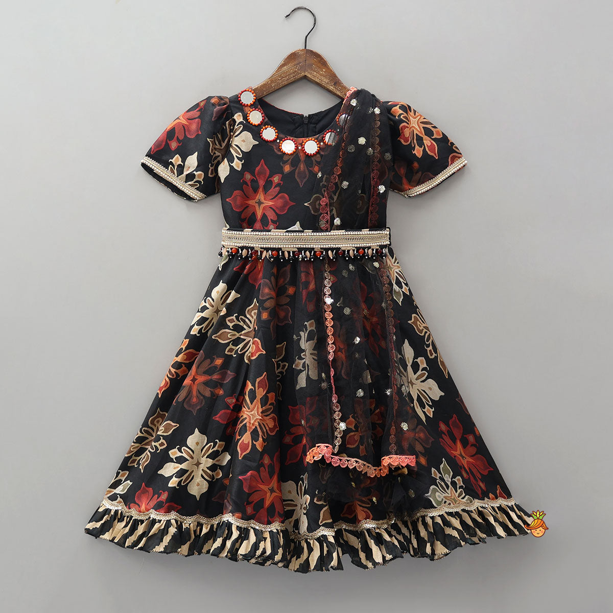 Pre Order: Elegant Anarkali With Attached Net Dupatta And Waist Belt