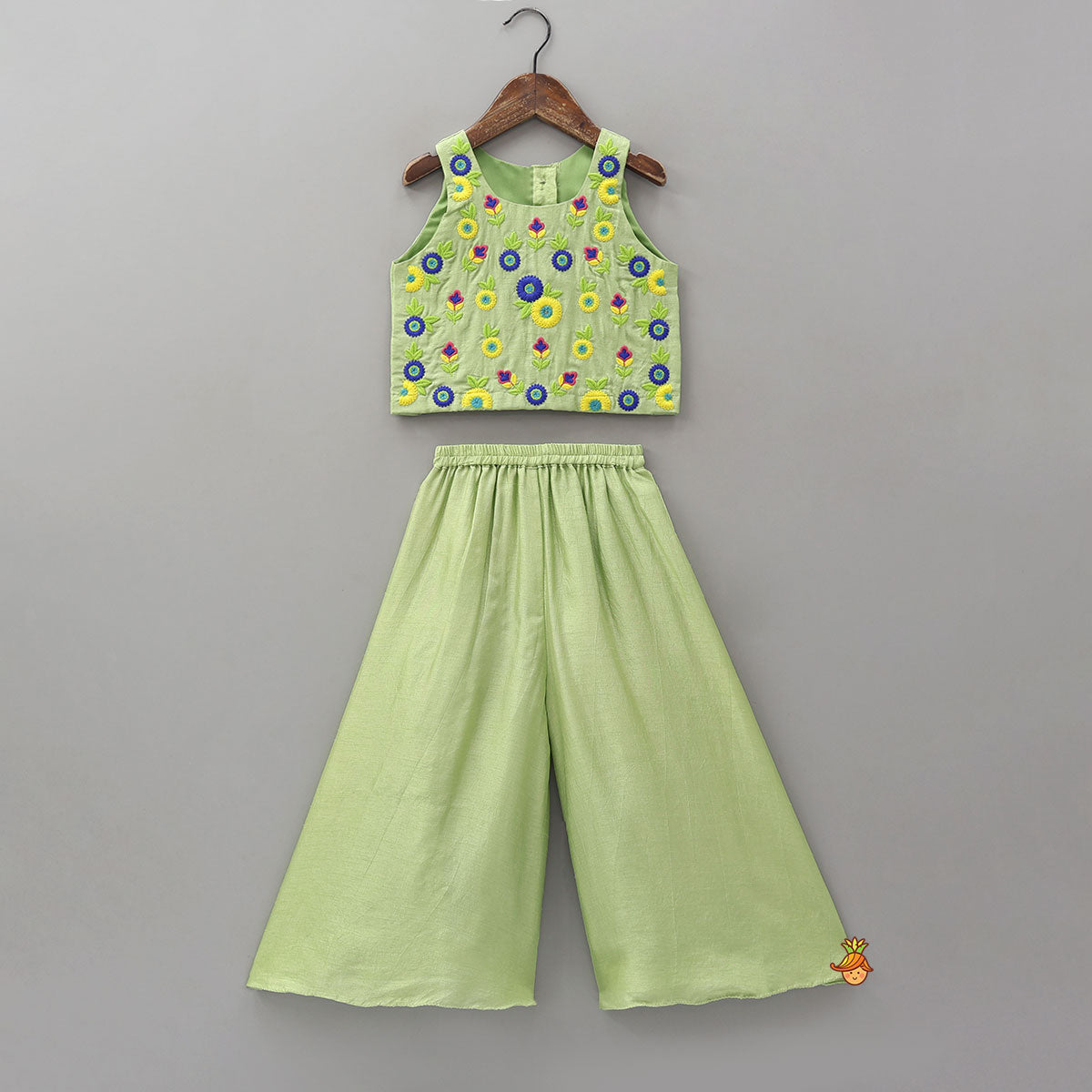 Pre Order: Floral Thread Embroidered Sleeveless Crop Top And Flared Palazzo