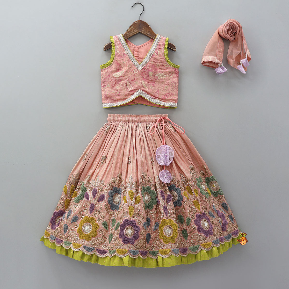 Pre Order: Pleated Armhole Elegant Top And Shimmery Lehenga With Matching Net Dupatta