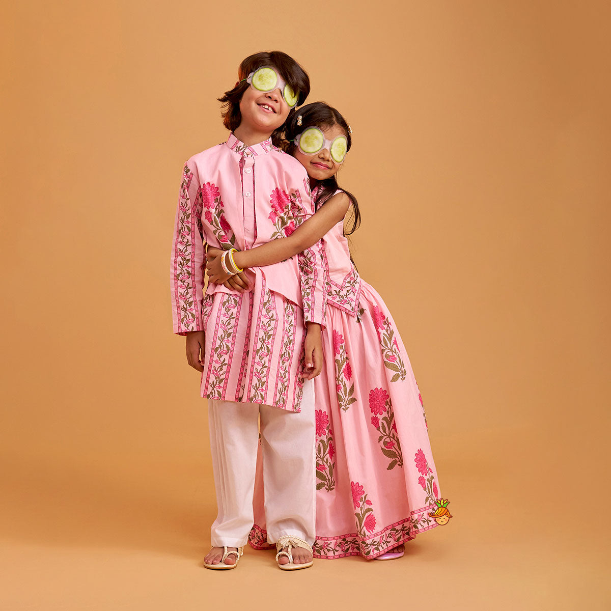 Floral Printed Asymmetric Top And Lehenga twinning model image 1