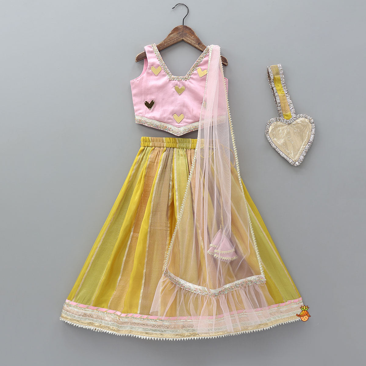 Pre Order: Mirror Embellished Lace Detailed Top And Lehenga With Heart Shaped Bag