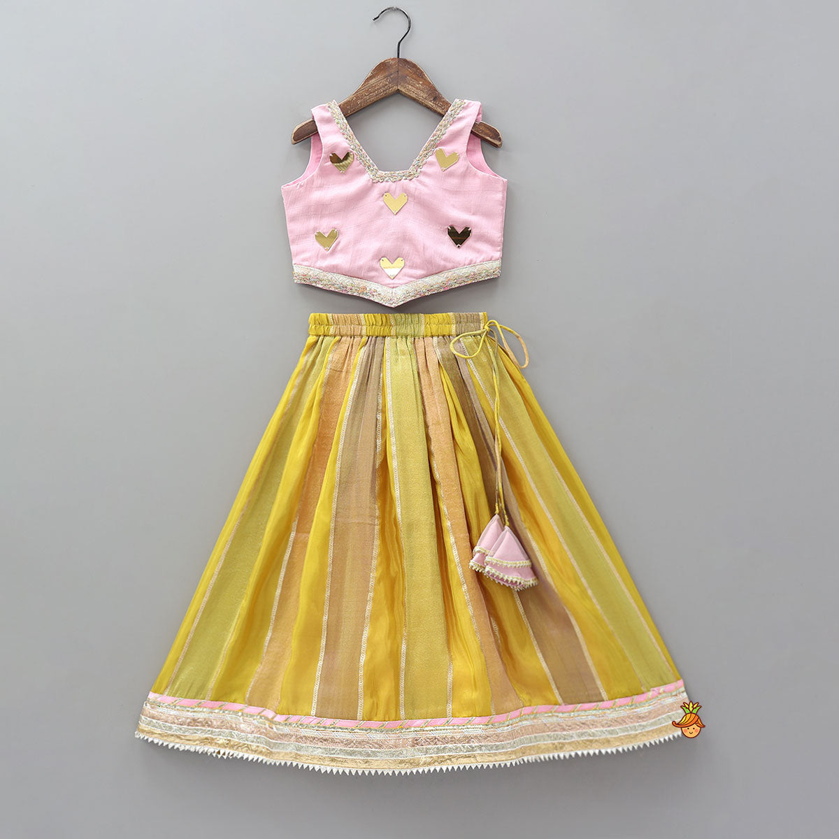 Pre Order: Mirror Embellished Lace Detailed Top And Lehenga With Heart Shaped Bag