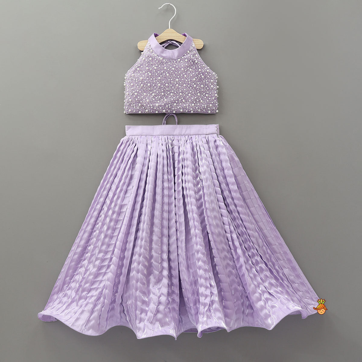 Pre Order: Stunning Criss-Cross Back Knot Top And Crushed Sheen Lehenga With Matching Hair Tie