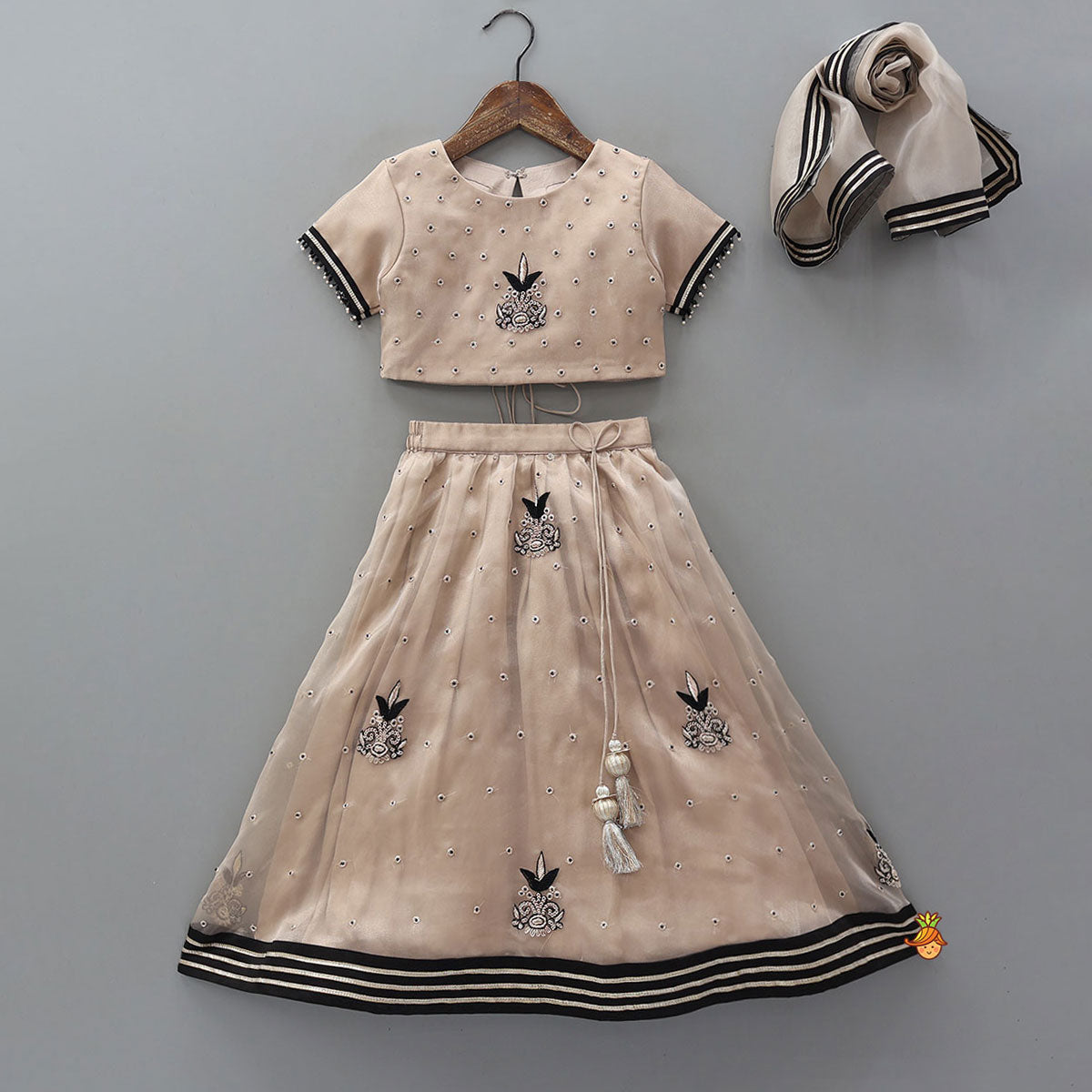 Pre Order: Round Neck Embroidered Crop Top And Lehenga With Organza Dupatta