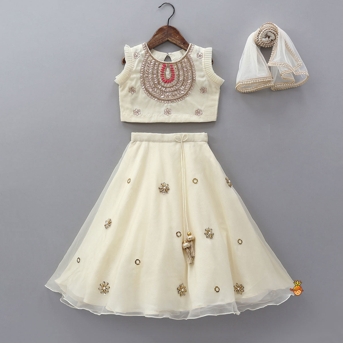 Pre Order: Pleated Armhole Crop Top And Lehenga With Net Dupatta