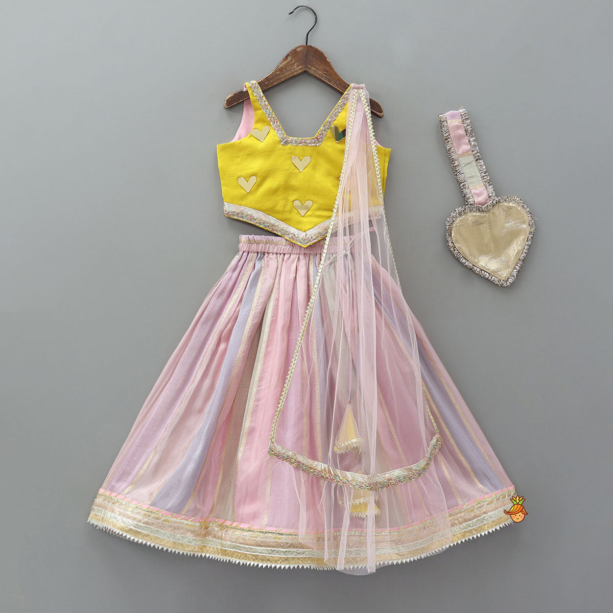 Pre Order: Mirror Work Top And Shimmery Lehenga With Detachable Dupatta And Heart Shaped Bag