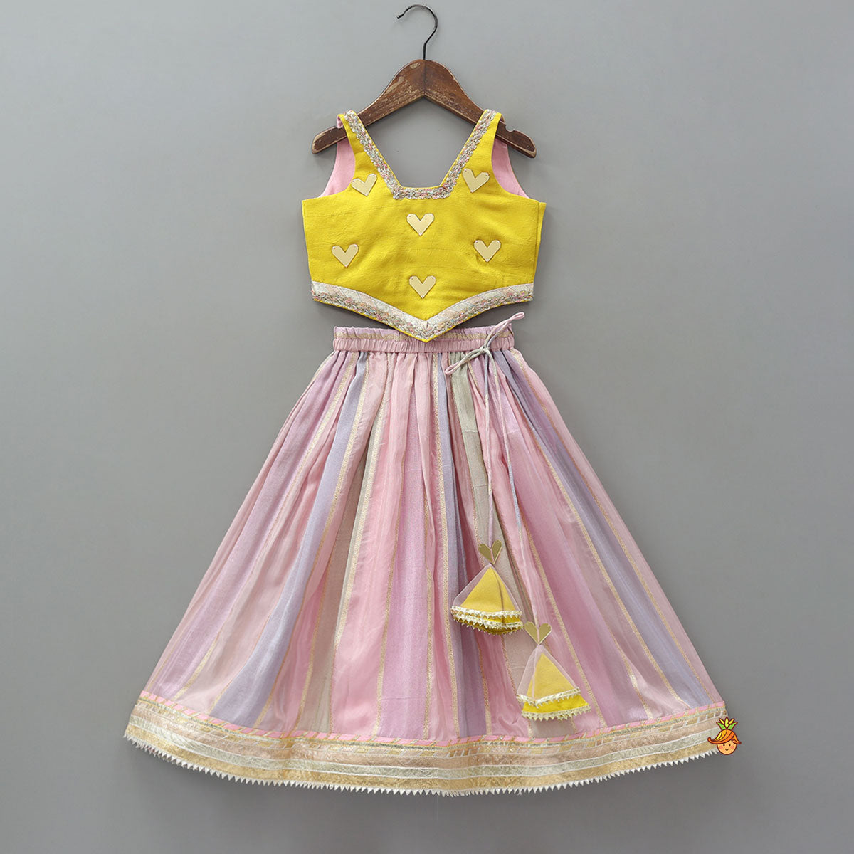 Pre Order: Mirror Work Top And Shimmery Lehenga With Detachable Dupatta And Heart Shaped Bag