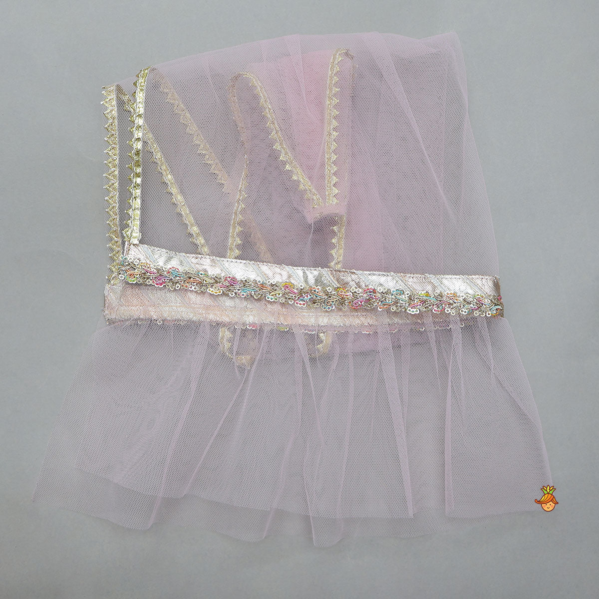 Pre Order: Mirror Work Top And Shimmery Lehenga With Detachable Dupatta And Heart Shaped Bag