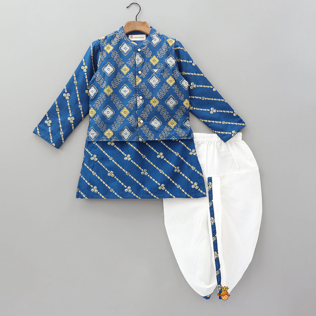 Foil Printed Ethnic Kurta Set With Jacket And Dhoti