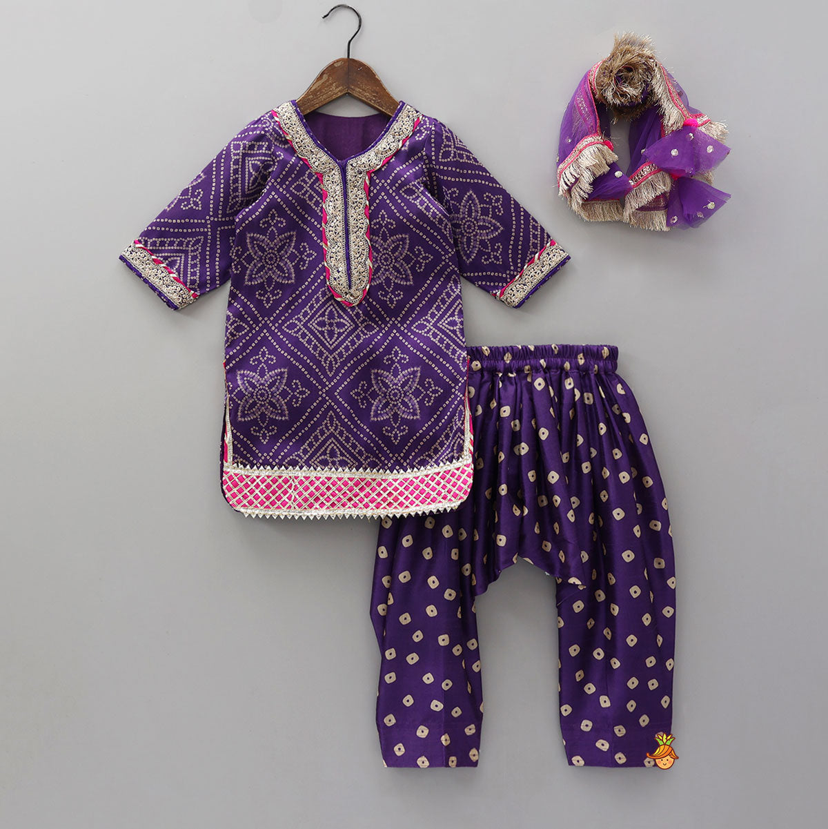 Bandhani Printed Kurti And Pleated Salwar With Matching Fringed Dupatta