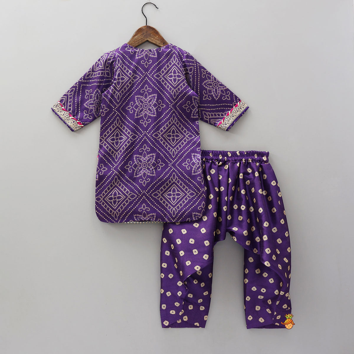 Bandhani Printed Kurti And Pleated Salwar With Matching Fringed Dupatta