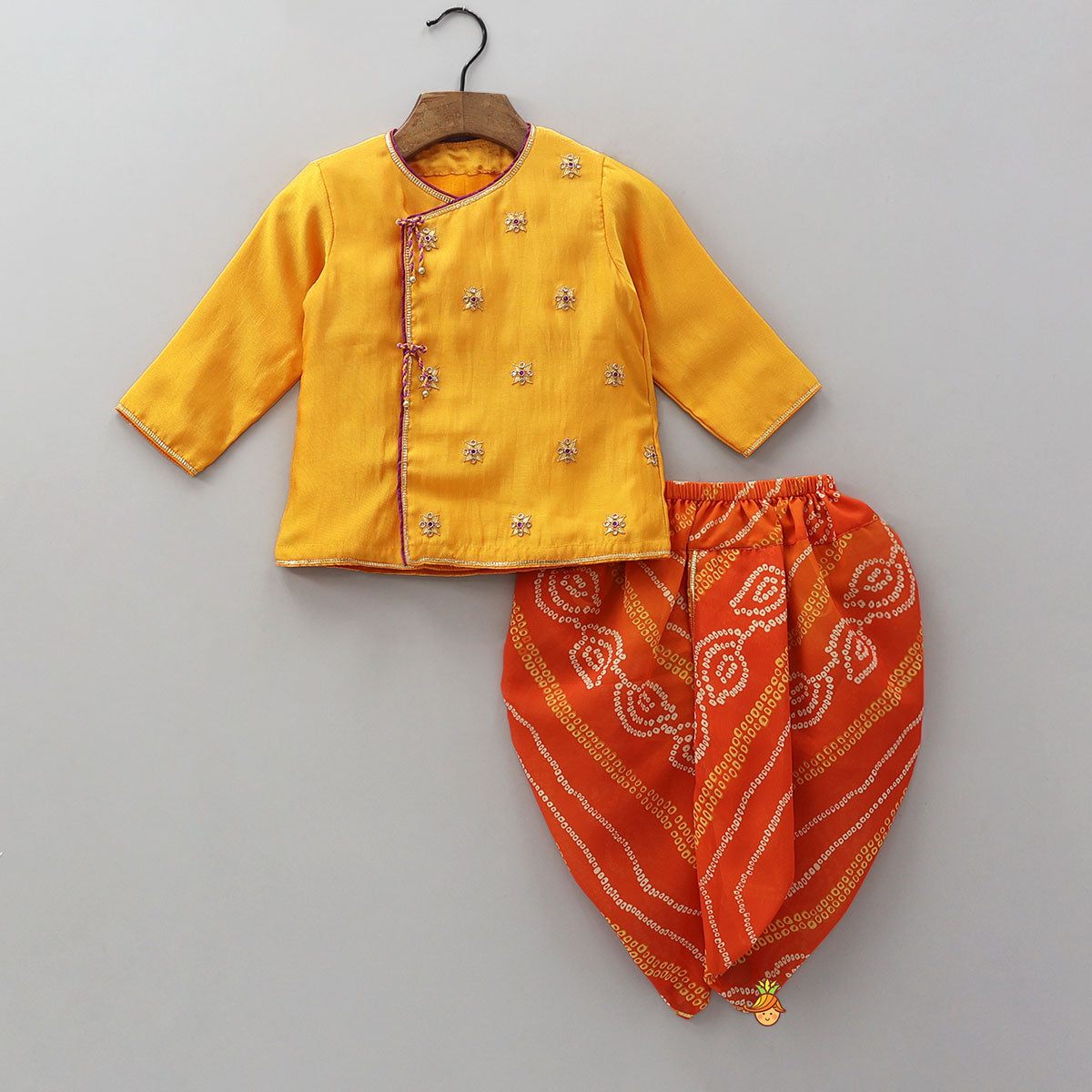Pre Order: Hand Embroidered Angarkha Style Kurta And Bandhani Printed Dhoti