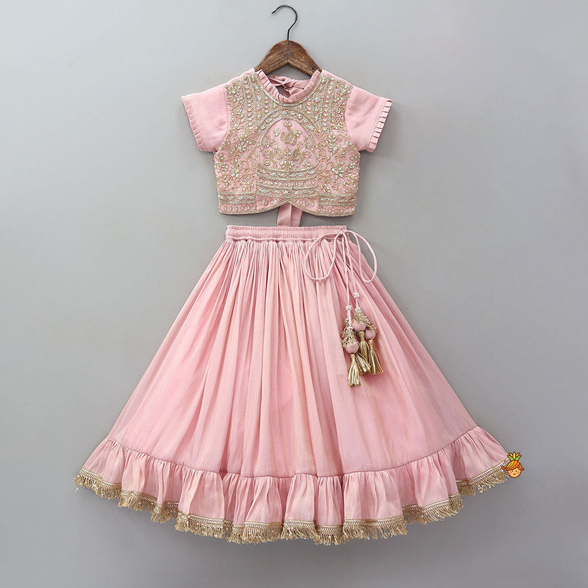 Pre Order: Triple Knot Detail Shimmery Top And Lehenga With Net Dupatta
