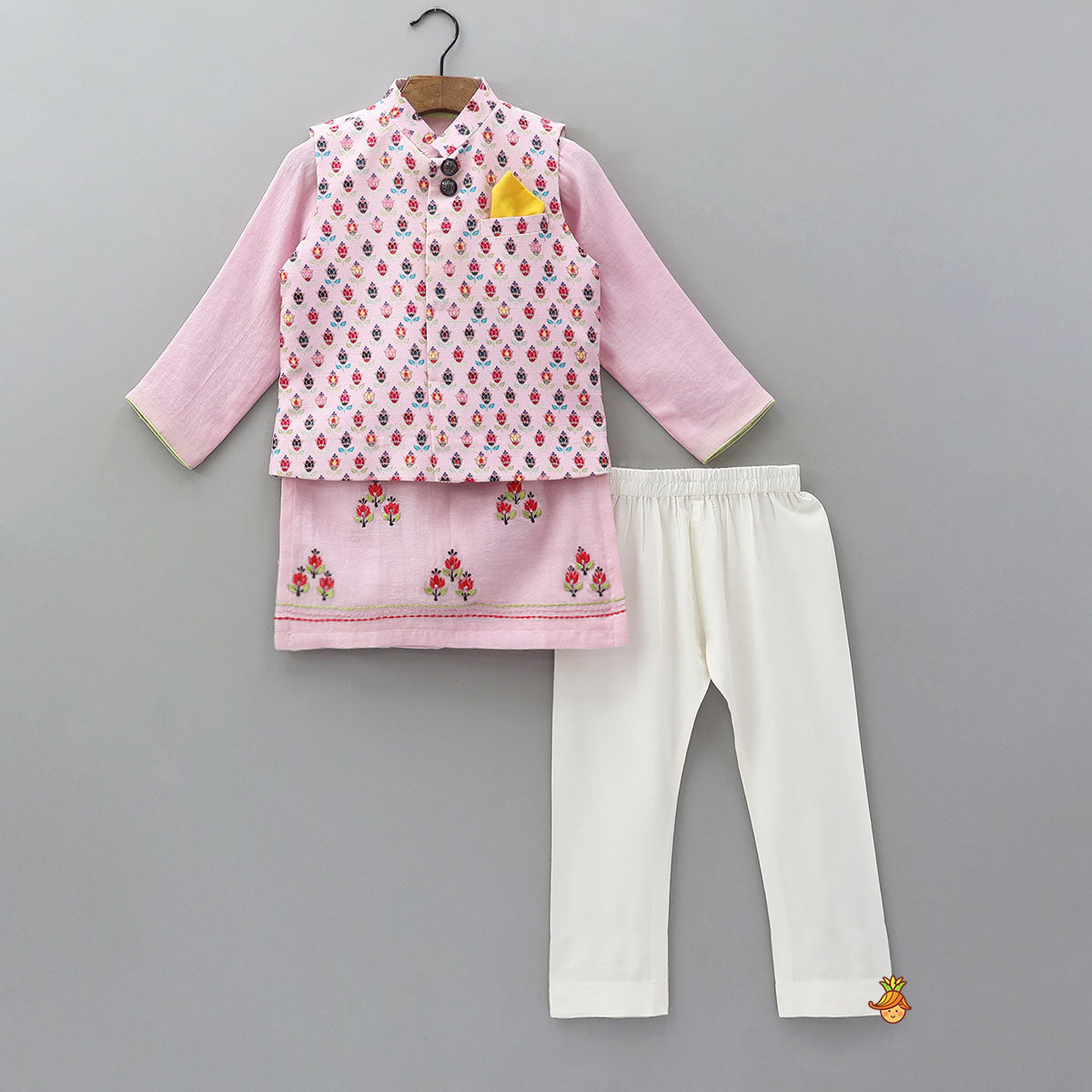 Pre Order: Embroidered Ethnic Kurta With Floral Printed Jacket And Pyjama