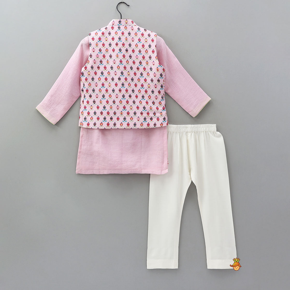 Pre Order: Embroidered Ethnic Kurta With Floral Printed Jacket And Pyjama