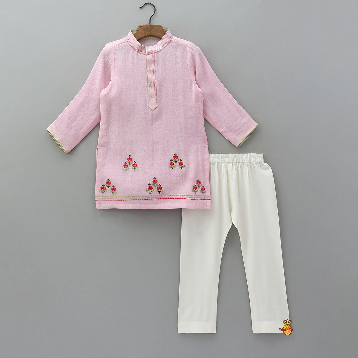 Pre Order: Embroidered Ethnic Kurta With Floral Printed Jacket And Pyjama