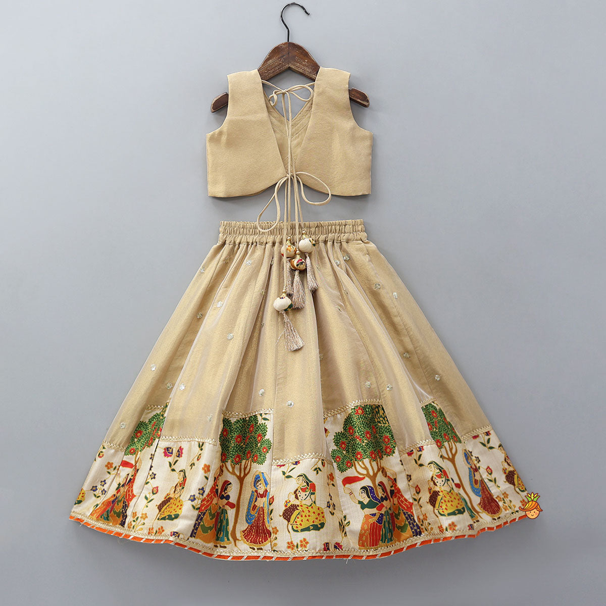 Pre Order: Shimmery V-Neck Crop Top With Printed Lehenga And Matching Dupatta