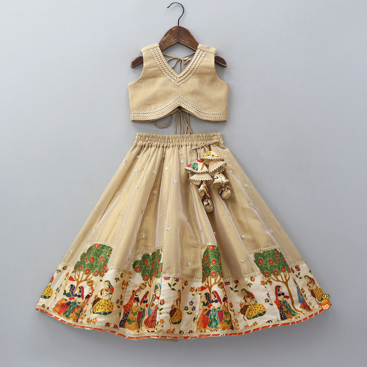 Pre Order: Shimmery V-Neck Crop Top With Printed Lehenga And Matching Dupatta